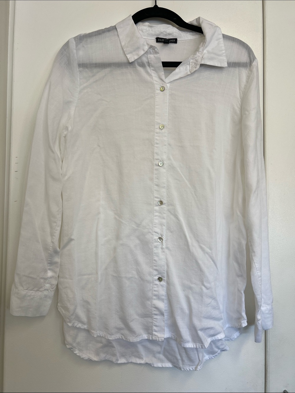 Eileen Fisher White Lightweight Button-Down Shirt Classic Sheer Tencel Collared